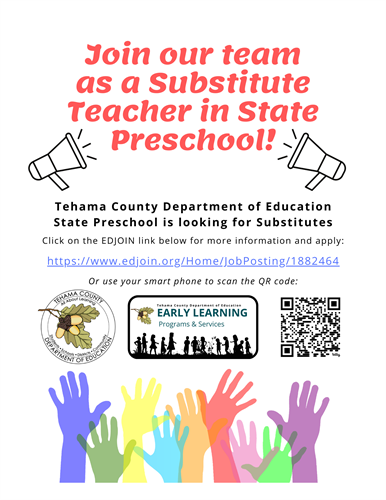 Flyer for Substitutes to apply for State Preschool