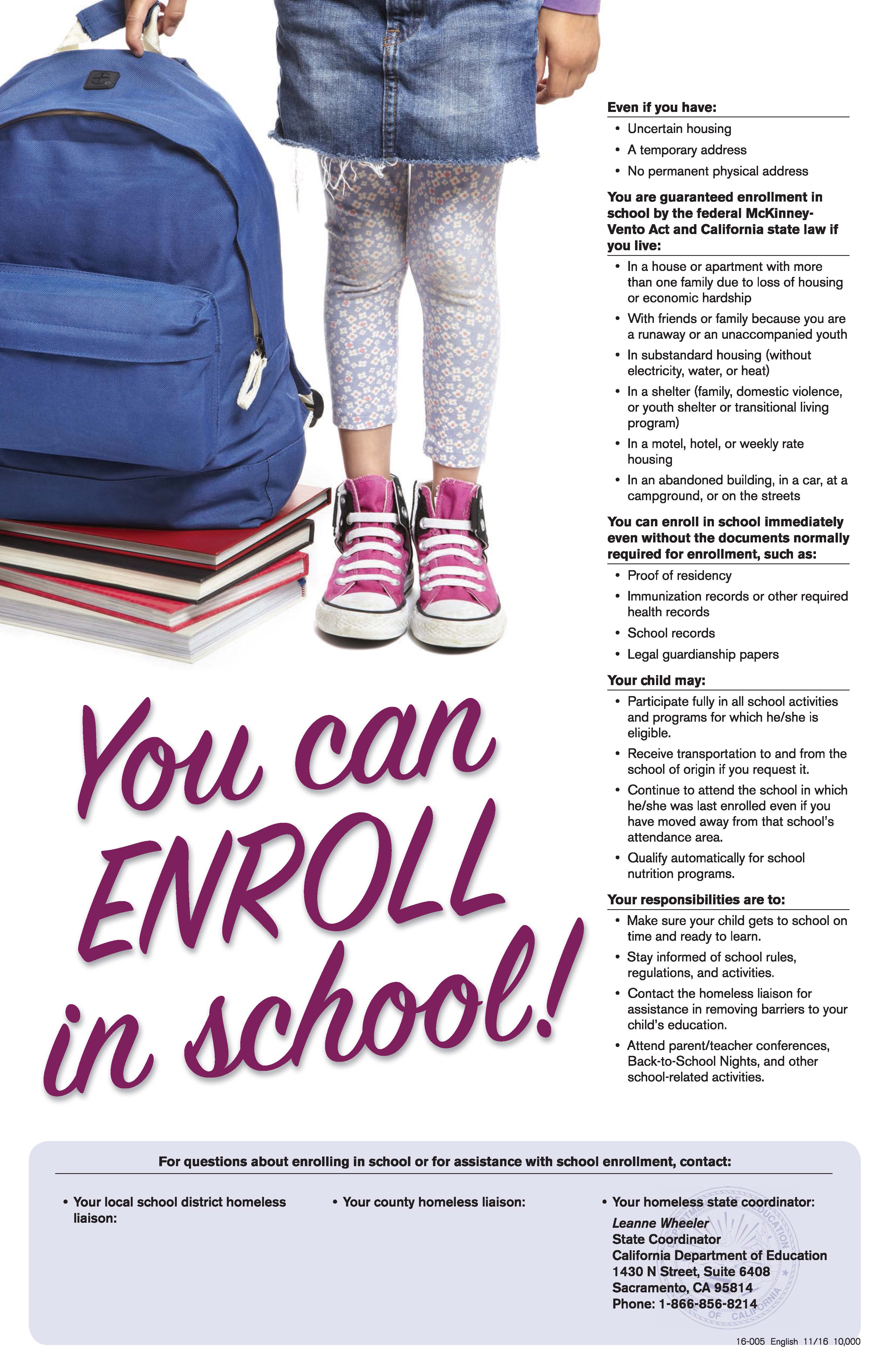 you can enroll in school poster with a child holding a backpack
